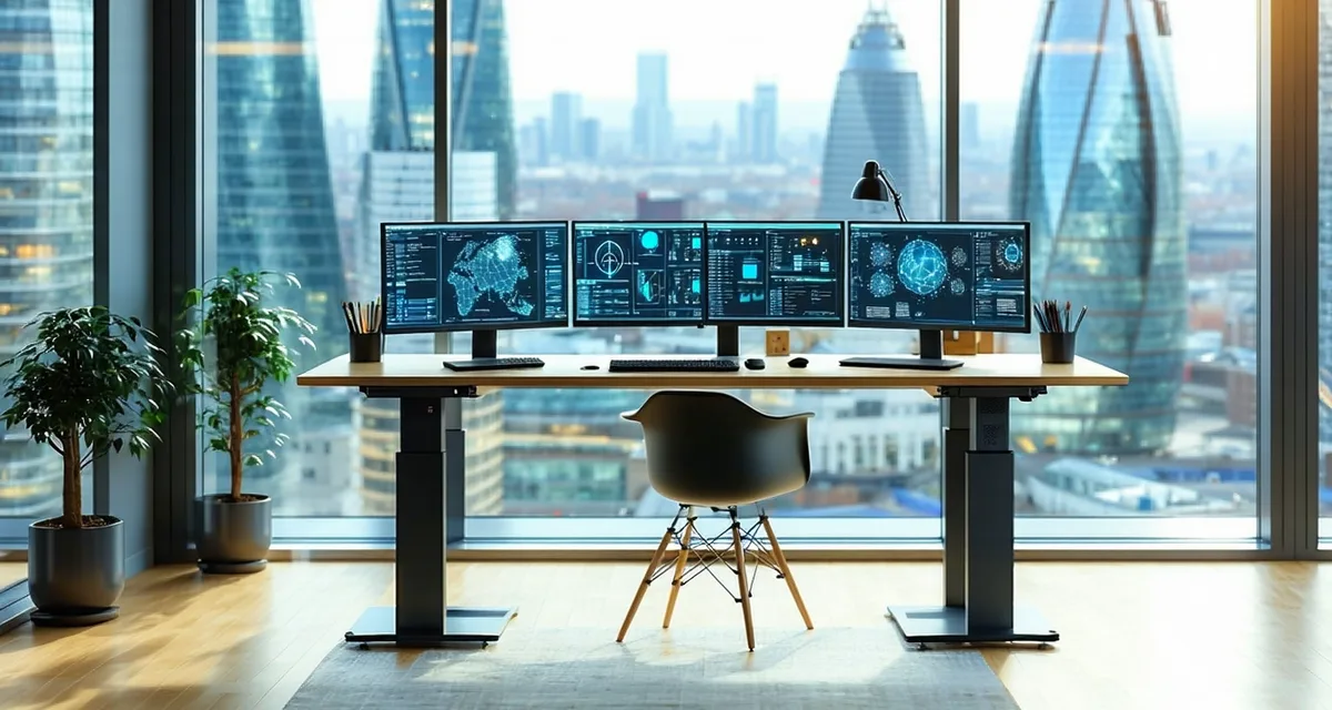 Modern fintech workspace in London City, developers collaborating at minimalist desks with technical displays